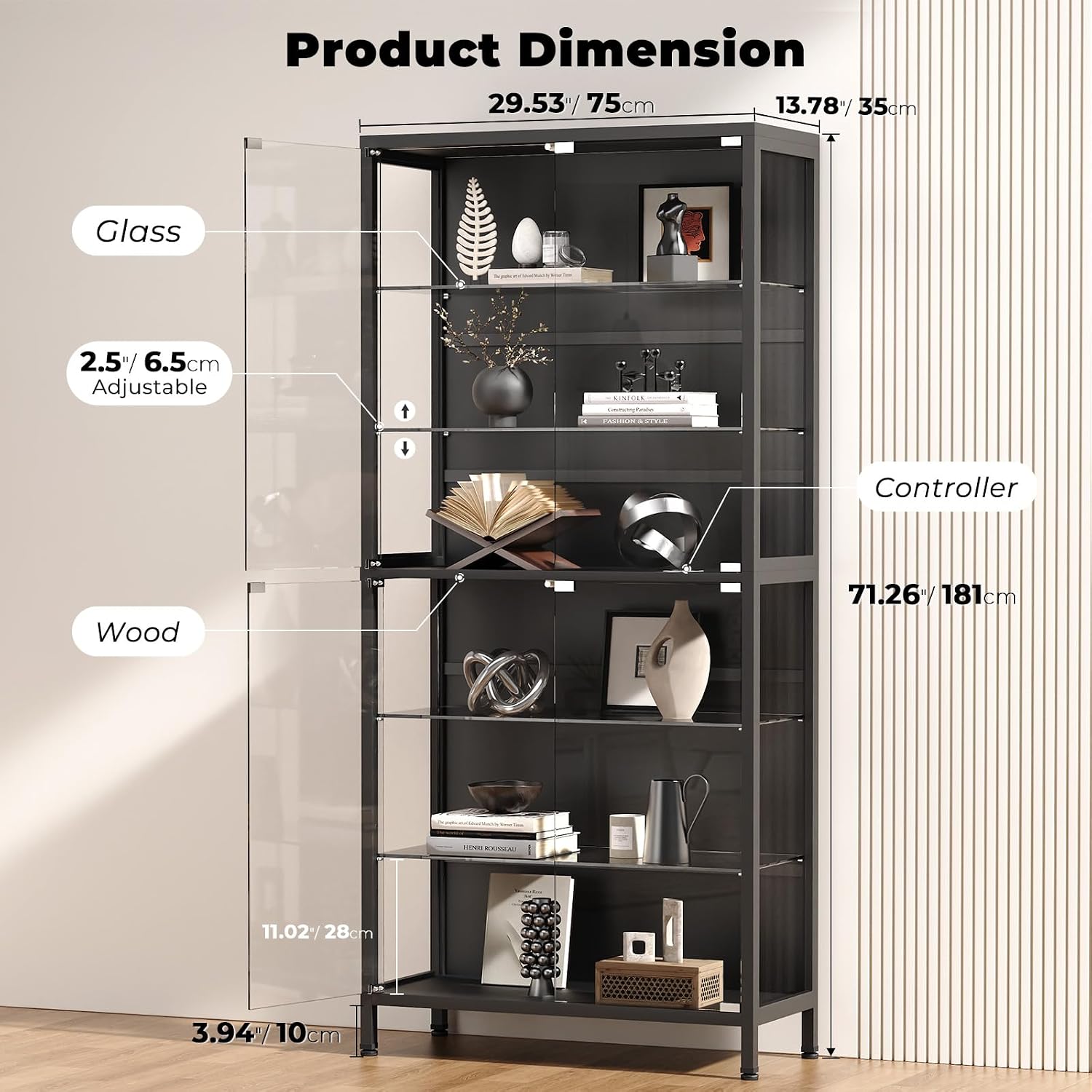 Black 6‑Tier Glass Display Cabinet