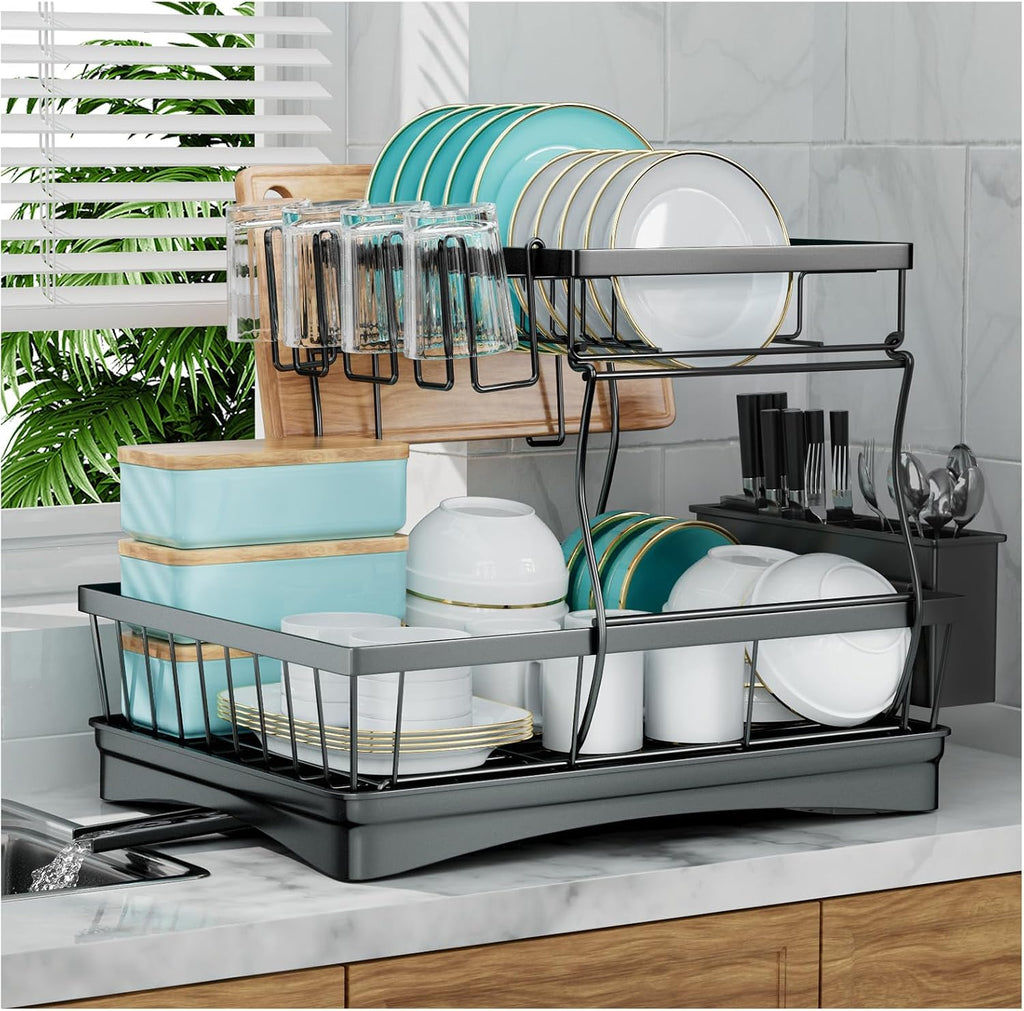 2‑Tier Black Kitchen Dish Drying Rack