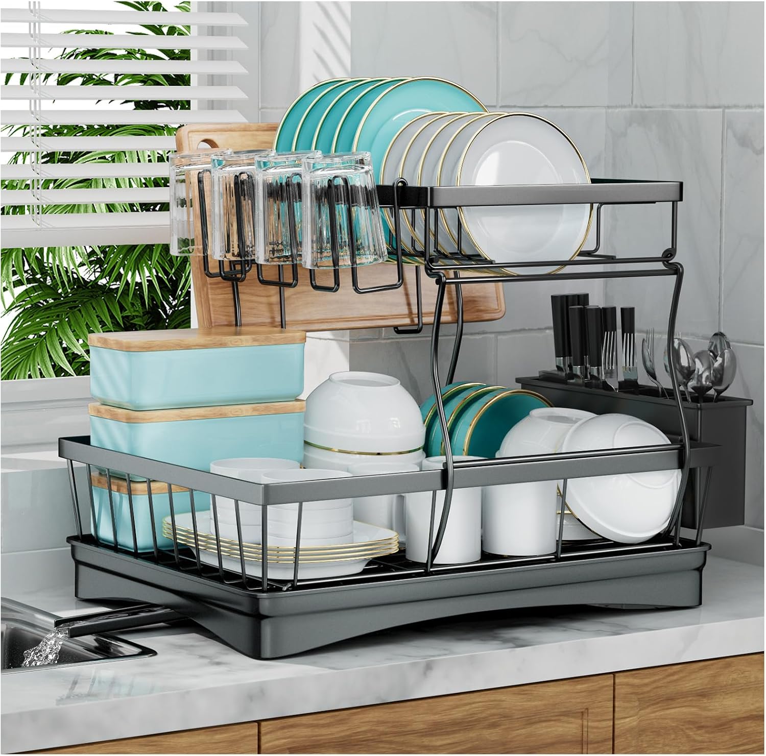 2‑Tier Black Kitchen Dish Drying Rack