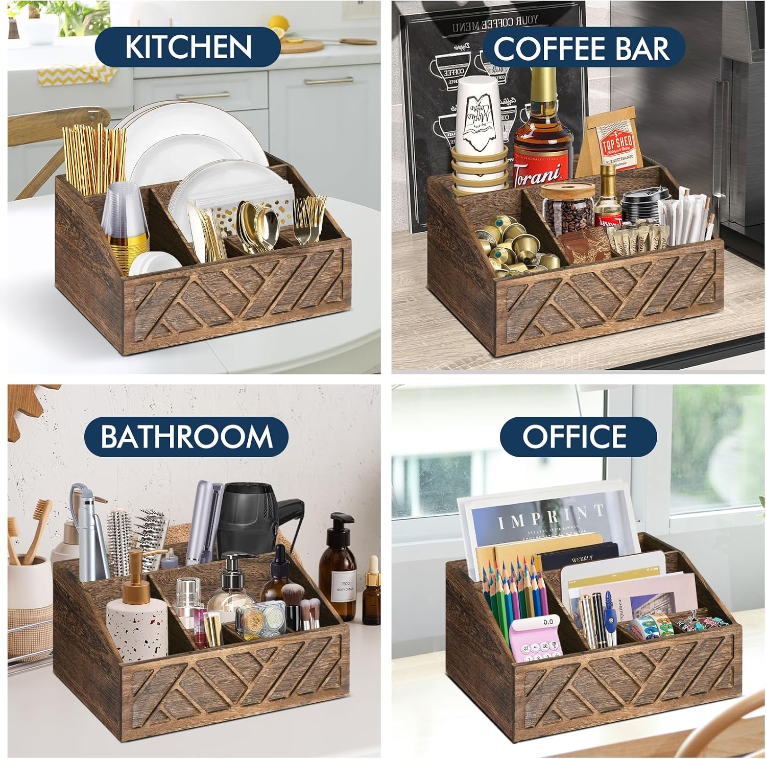 Rustic Wood Kitchen Utensil Caddy Organizer