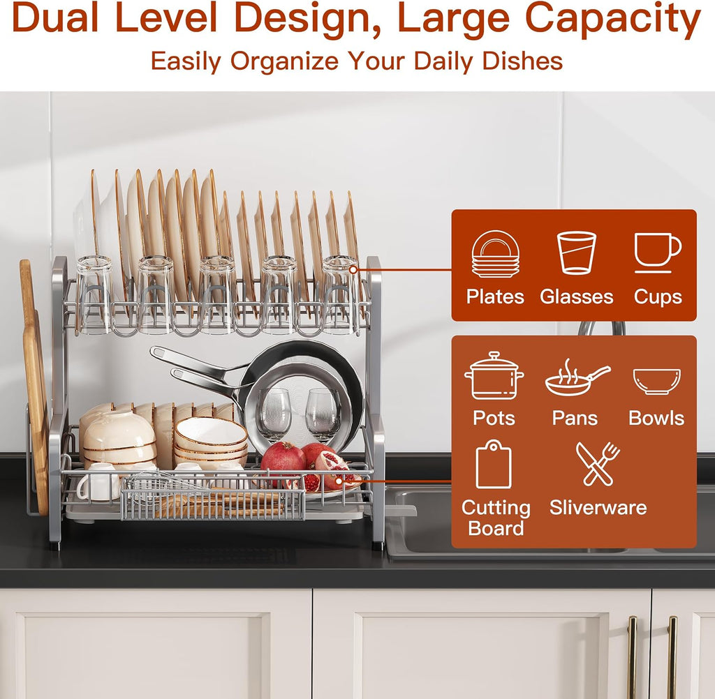 2‑Tier Stainless Steel Dish Drying Rack