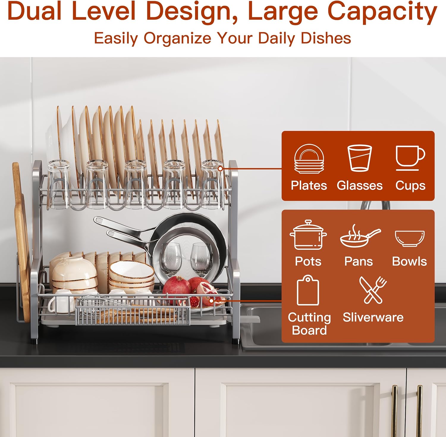 2‑Tier Stainless Steel Dish Drying Rack