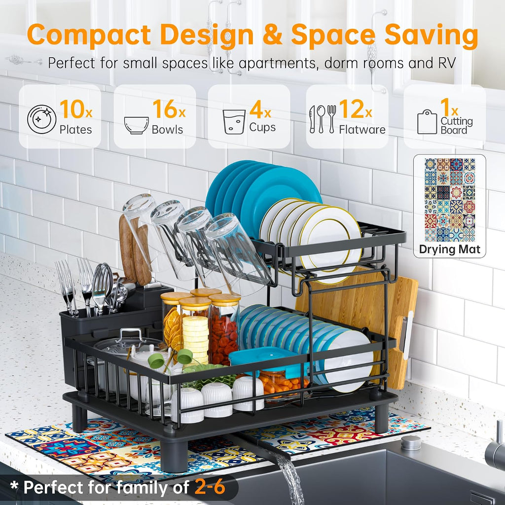 2‑Tier Black Kitchen Dish Drying Rack