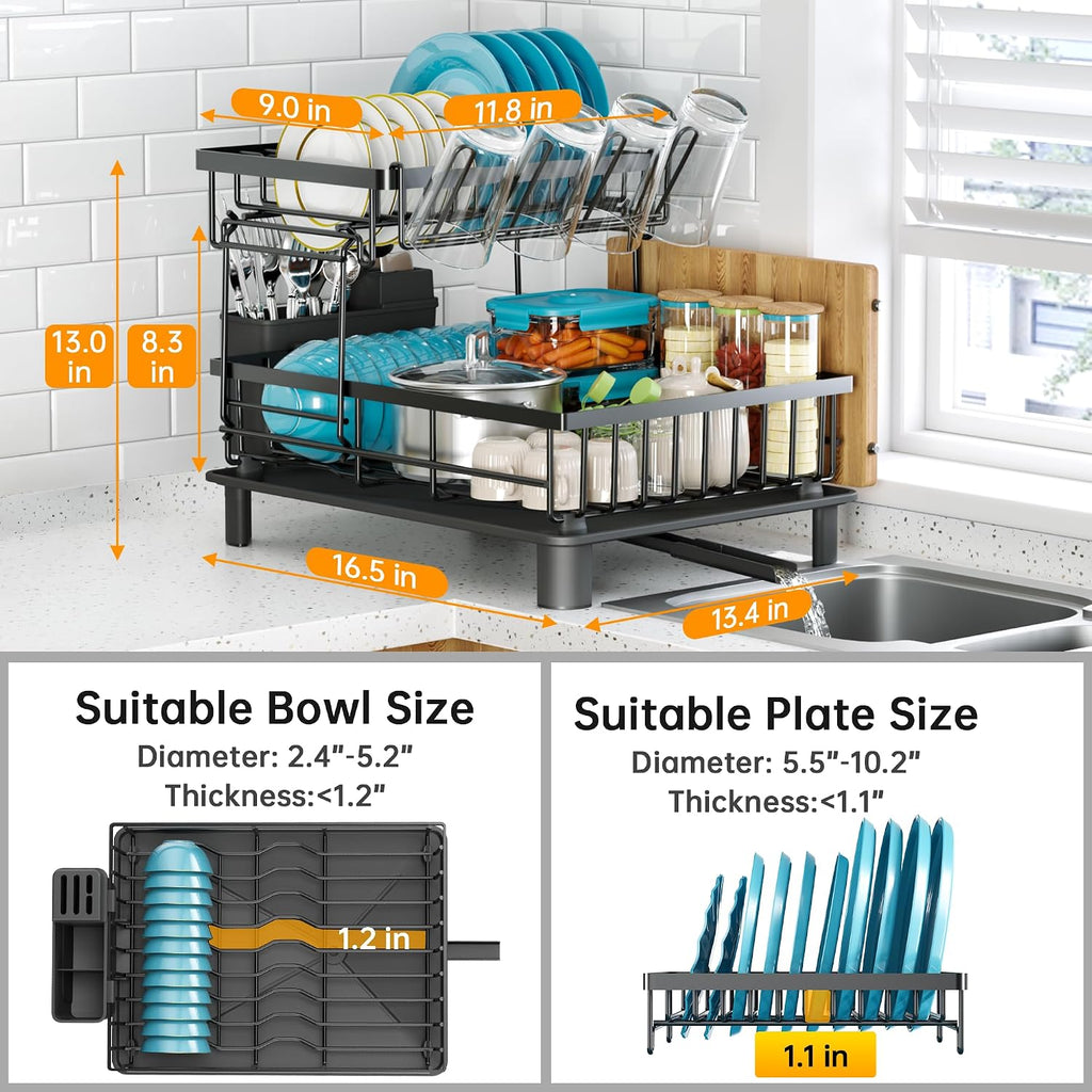 2‑Tier Black Kitchen Dish Drying Rack