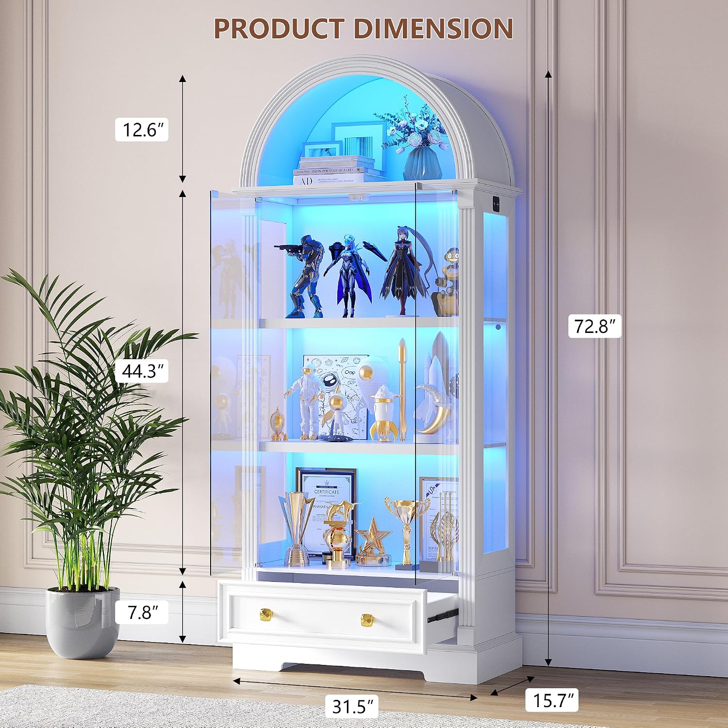 Arched LED Glass Curio Display Cabinet