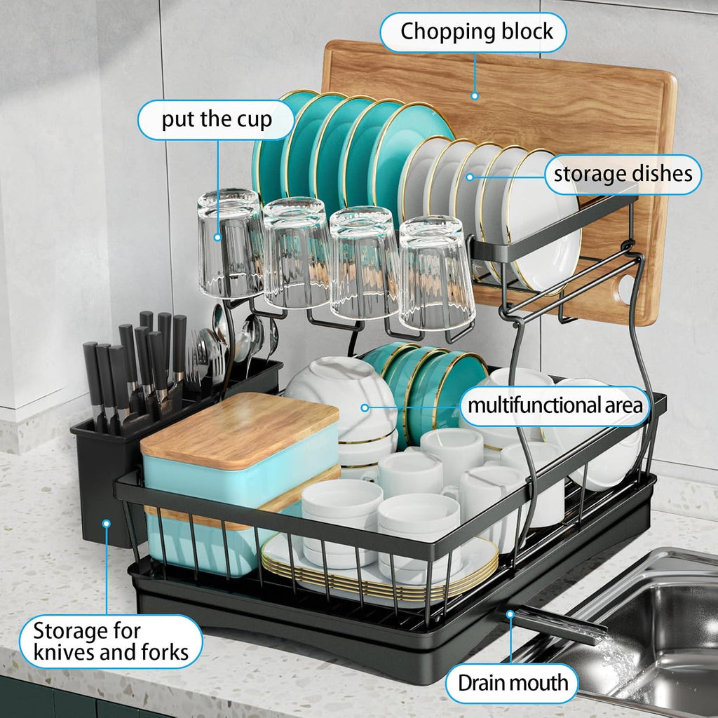 2‑Tier Black Kitchen Dish Drying Rack