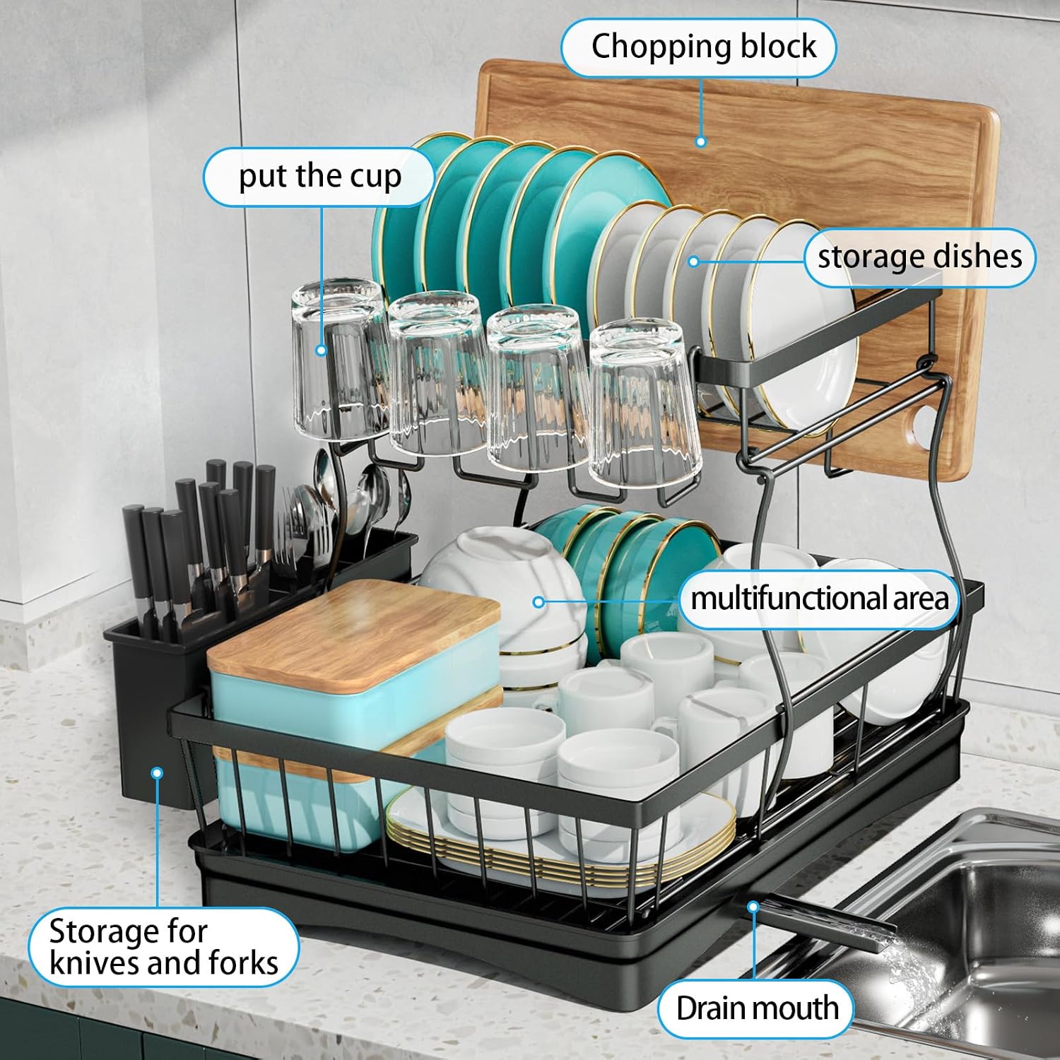 2‑Tier Black Kitchen Dish Drying Rack