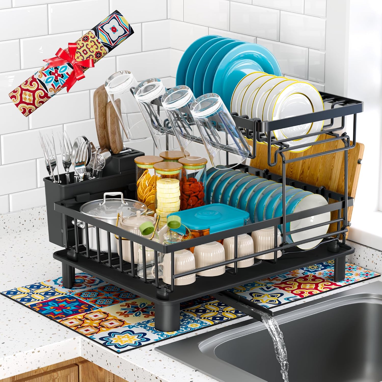2‑Tier Black Kitchen Dish Drying Rack