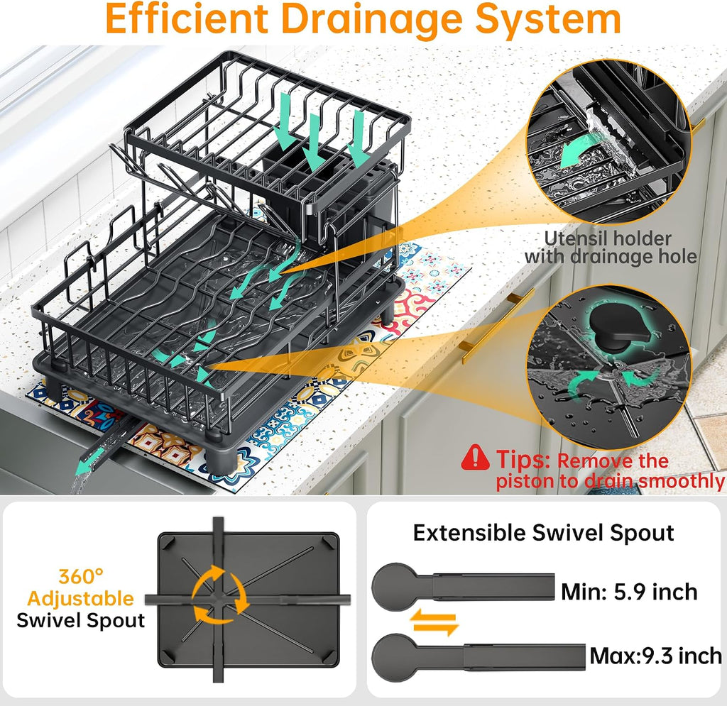 2‑Tier Black Kitchen Dish Drying Rack
