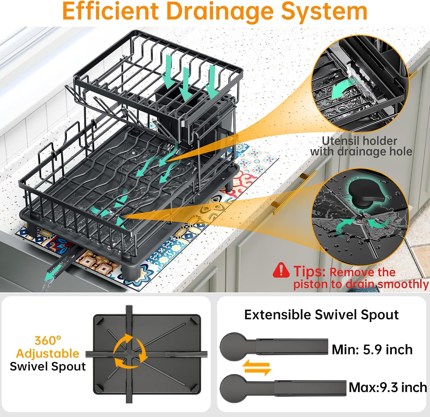2‑Tier Black Kitchen Dish Drying Rack