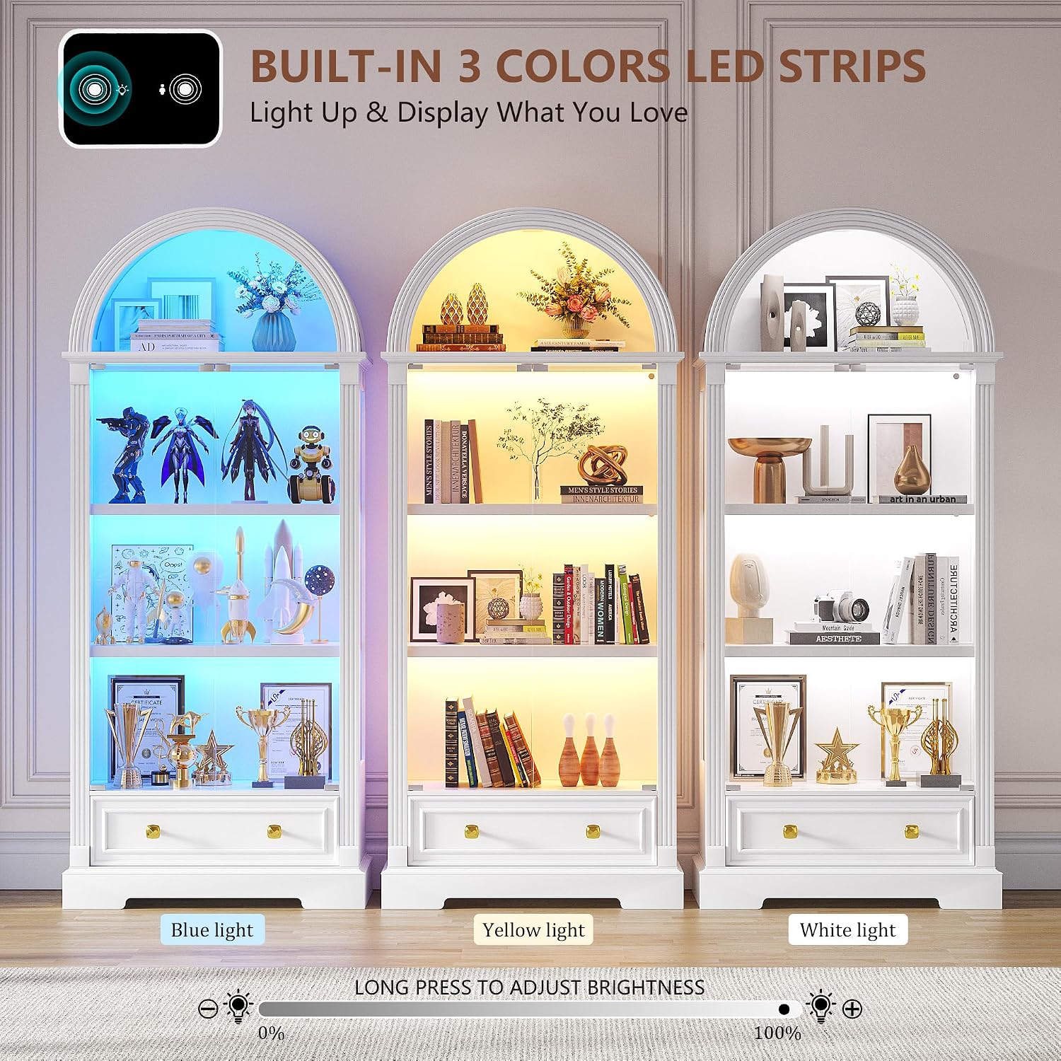 Arched LED Glass Curio Display Cabinet